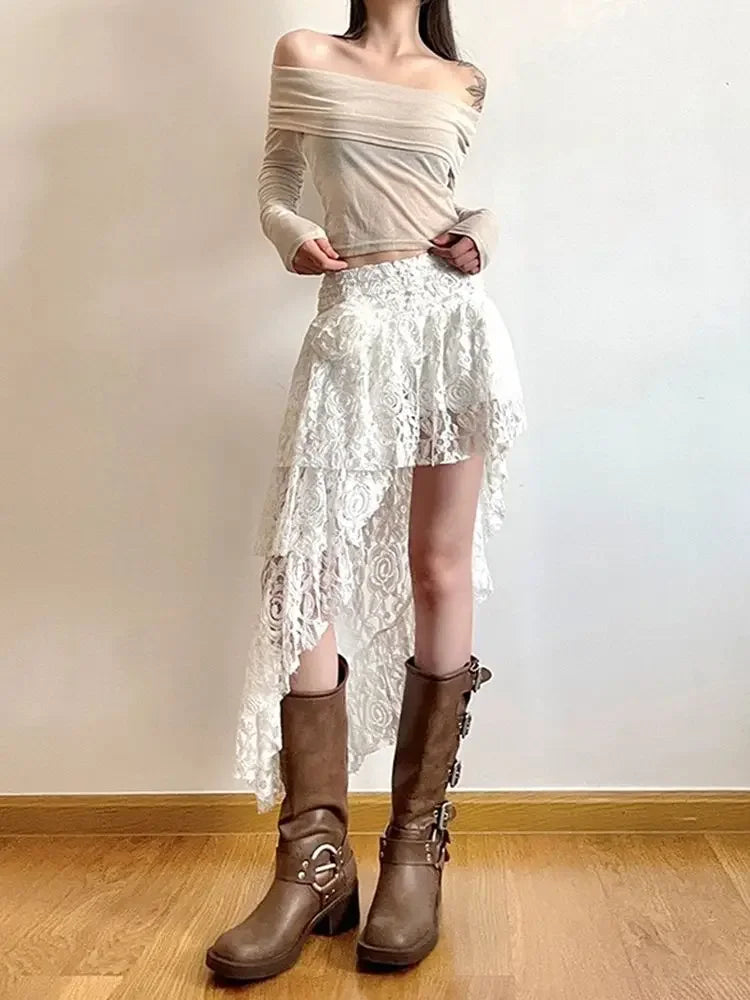 qgtao Lace Irregular Skirts Y2k Aesthetic Bohemian Beach Casual Design Casual Ruffled Fairy Sexy Harajuku Skirts 2024 Spring