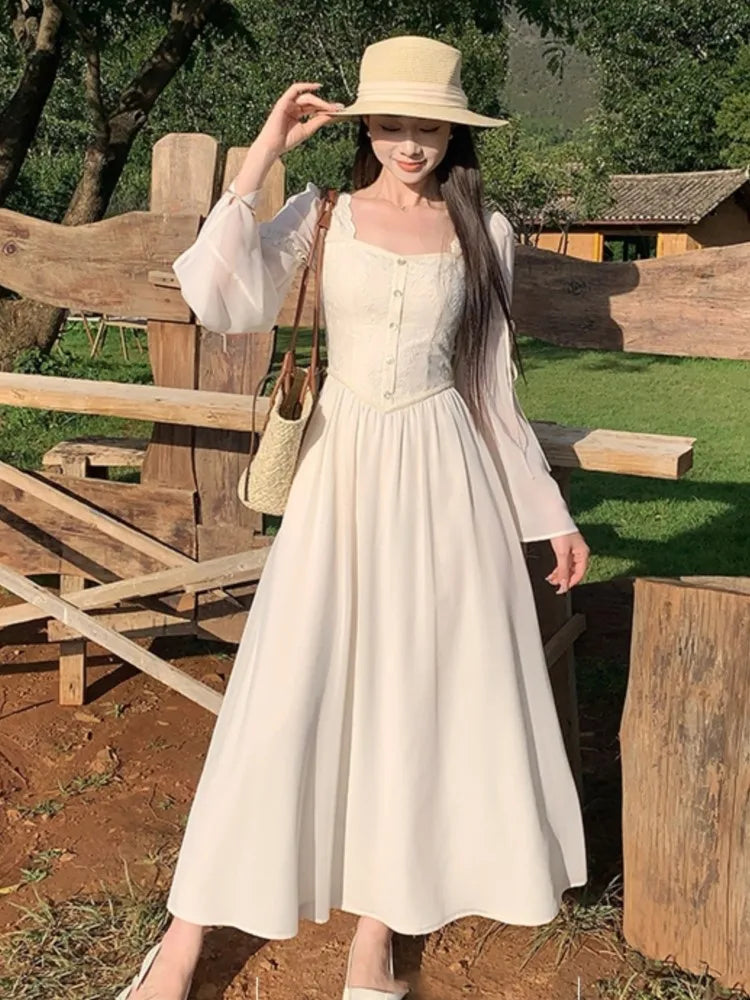 qgtao French Vintage Flare Sleeve Midi Dresses for Women Square Collar A-line Autumn New Casual Solid Party Dress Female Clothing