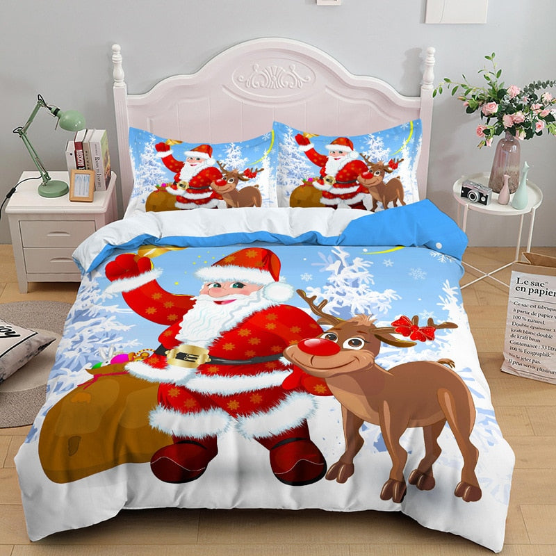 Christmas Day Queen Duvet Cover Set Father Christmas Snowman Pattern King Size Bedding Set New Year Decor Bed Sets Decorative