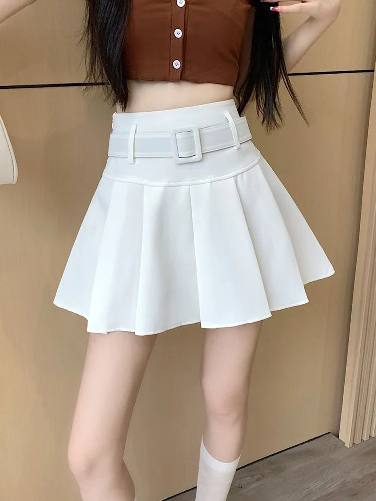 qgtao Japan Sweet Belt White Pleated Skirt Women Sexy High Waist Mini Skirt Summer Preppy Style Female Casual A Line Pink Skirt