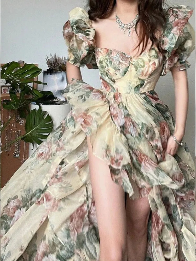 qgtao Floral Print Evening Party Dress Women 2024 Puff Sleeve Elegant Princess Long Dres Ladies France Vintage Open Fork Dress Summer