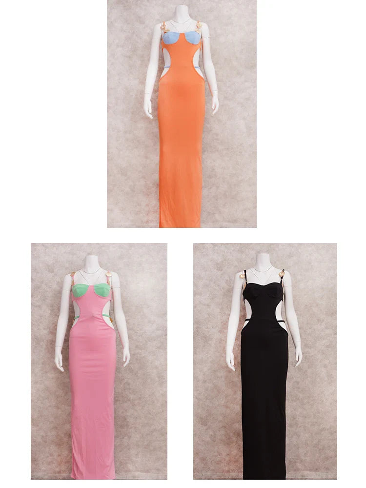 qgtao Sexy Shoulder Strap Beaded Contrasting Colors Low-cut Waistless Design Dress 2024 Summer Elegant Sleeveless Maxi Dresses A2166