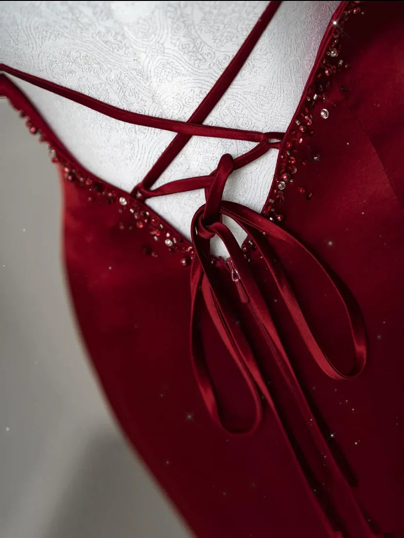 qgtao Wine Red Prom Dress Sexy V-neck Ribbon Lace Up Beading Mermaid Backless Zipper Satin Enegagement Fashion Robe Formal Gowns 2024