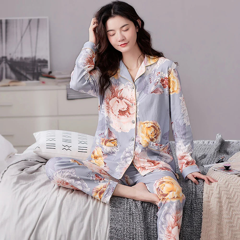qgtao M-3XL 100% Cotton Elastic Waist Trousers Sets Spring Autumn Print Sleepwear Women's Big Size Pajama Breathable Soft Pijama Mujer