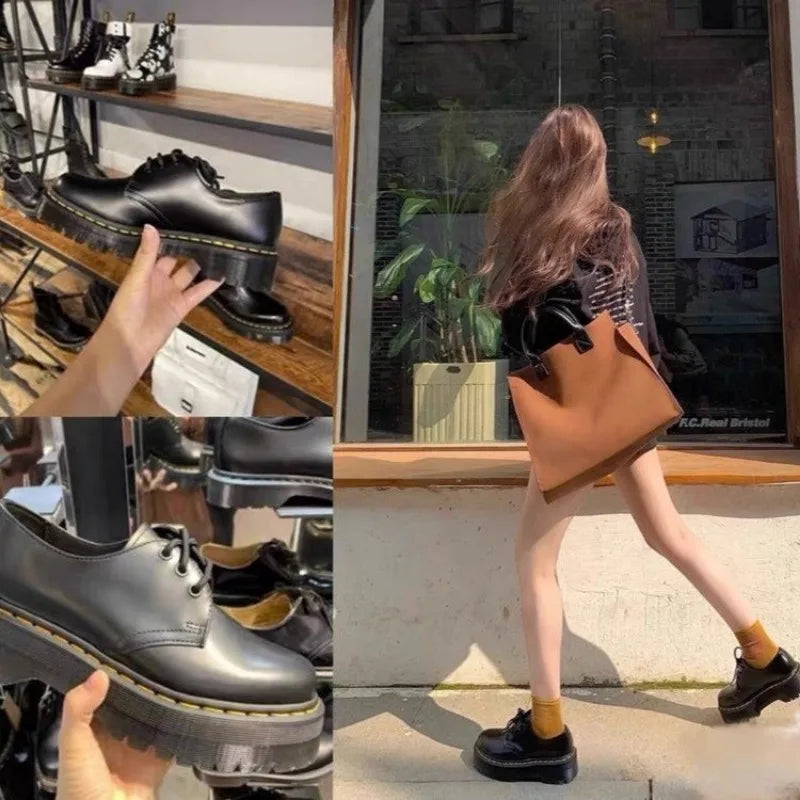 qgtao Loafers Thick Soled Retro Black Leather Shoes Women's 2024 Autumn Winter New Item Japanese Style College Style Lace Up Loafers