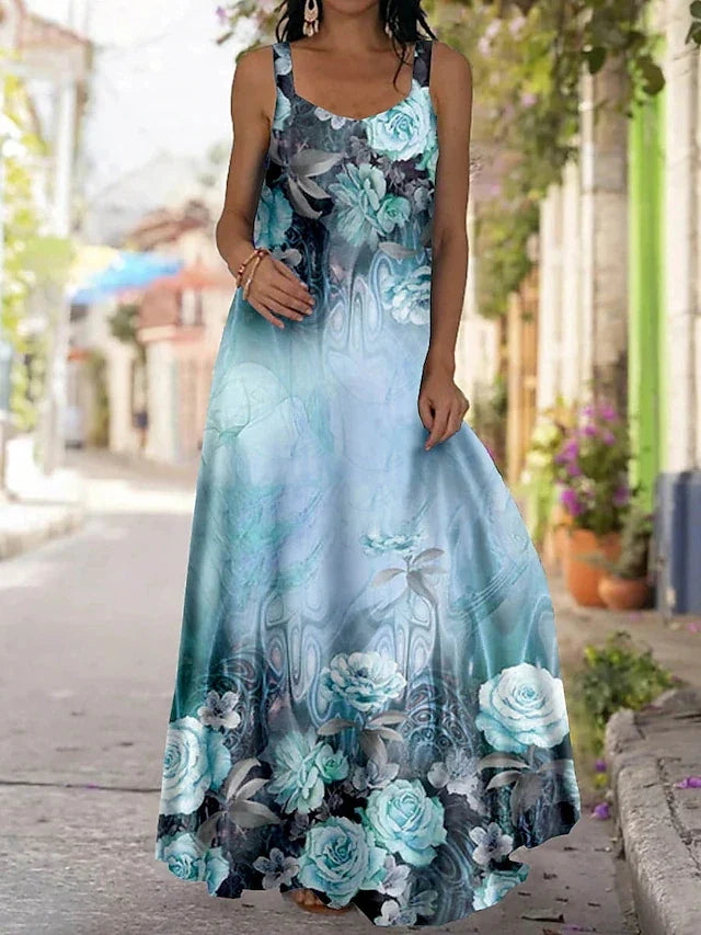 qgtao 2024 Loose Casual Plus Size Long Maxi Dress Beach Sun Dresses Women Sleeveless Summer Fashion Printed Boho Maxi Long Dress