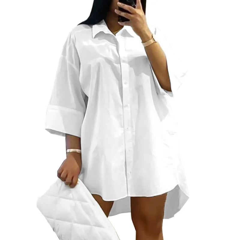 qgtao Plus Size 5XL Women Shirt Dress Solid Color Turn-down Collar Summer Mini Dress Lady Casual Loose Irregular Beach Dress Vestidos