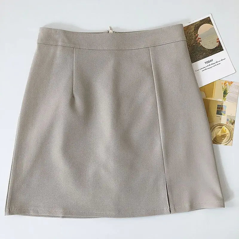 HOUZHOU Grey Mini Skirt Women Summer Vintage Streetwear High Waist A-line Split Gyaru Bodycon Pencil Skirt Korean Style Casual