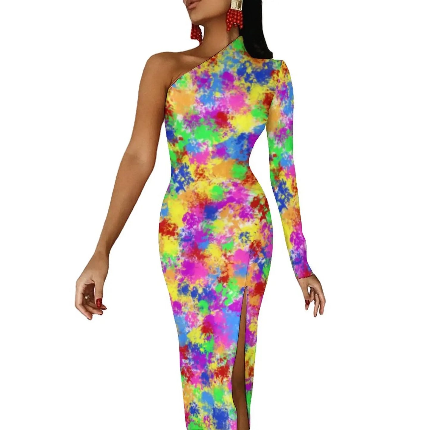 Neon Paint Long Dress Women Graffiti Splatter Print Party Maxi Dress Summer Long Sleeve Sexy Bodycon Dresses Side Split Clothes