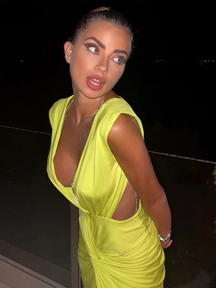 qgtao Sexy Solid Deep V Neck Hollow Out Maxi Dress Elegant Sleeveless Pleated Split Slim Dresses Summer Lady Evening Party Club Robes