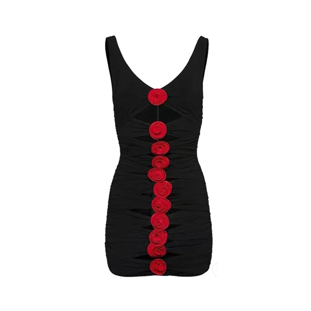 qgtao Women's Sexy V-Neck Cutout Red 3D Flowers Black Mesh Tank Mini Cocktail Party Dress Nightclub Wear Elegant Evening Dress