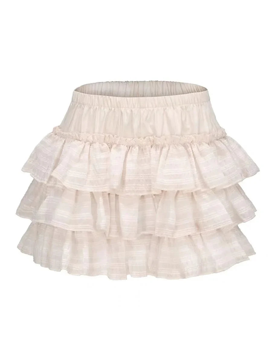 qgtao Kawaii Cute Ruffle Skirt Women Pink Lolita High Waist Lace Patchwork Fairycore Mesh A-line Mini Skirt Summer Mori Girl