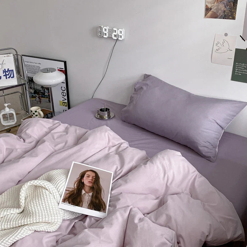 Yeknu Nordic Princess Purple Girls Bedding Set Single Double Size Flat Sheet Solid Color Duvet Cover Pillowcase Bed Linen Home Textile