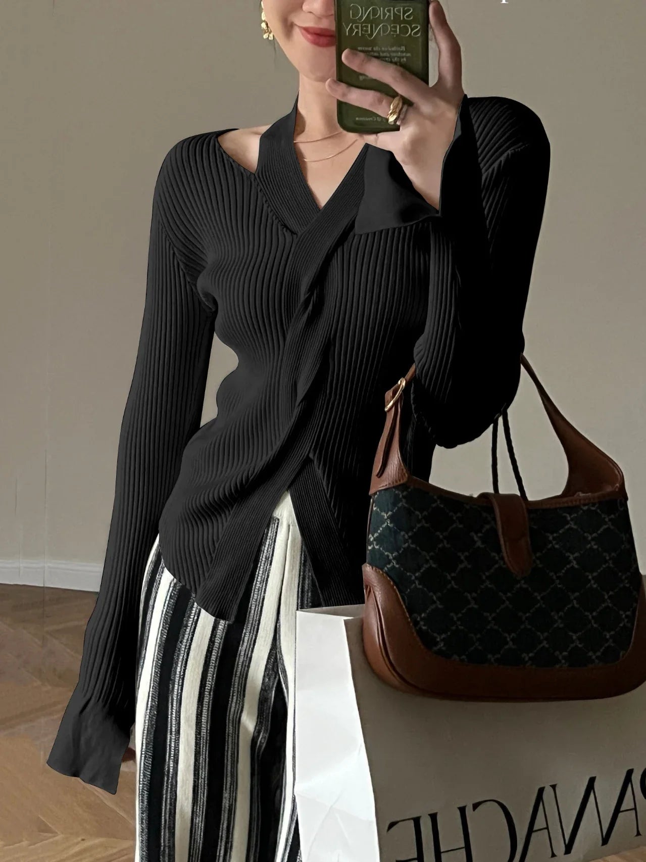 qgtao Women's Blouse Chic Hollow out Sexy knitted Pullovers for Autumn Female Korean Clothing Solid Full Sleeve Bottoming Shirt