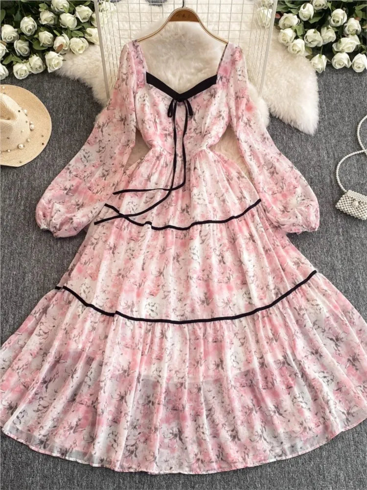 qgtao Elegant Floral Printed Midi Dresses for Women Lantern Sleeves Square Collar A-line Birthday Party Dress Autumn New Prom Robe