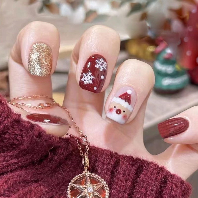 24pcs/Box Detachable Coffin False Nails Wearable French Ballerina Christmas Fake Nails Full Cover Nail Tips Press On Nails