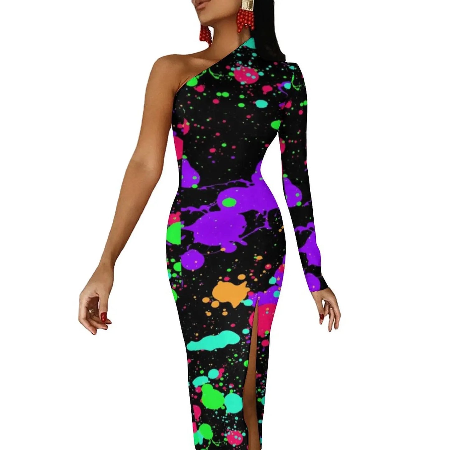 Neon Paint Long Dress Women Graffiti Splatter Print Party Maxi Dress Summer Long Sleeve Sexy Bodycon Dresses Side Split Clothes