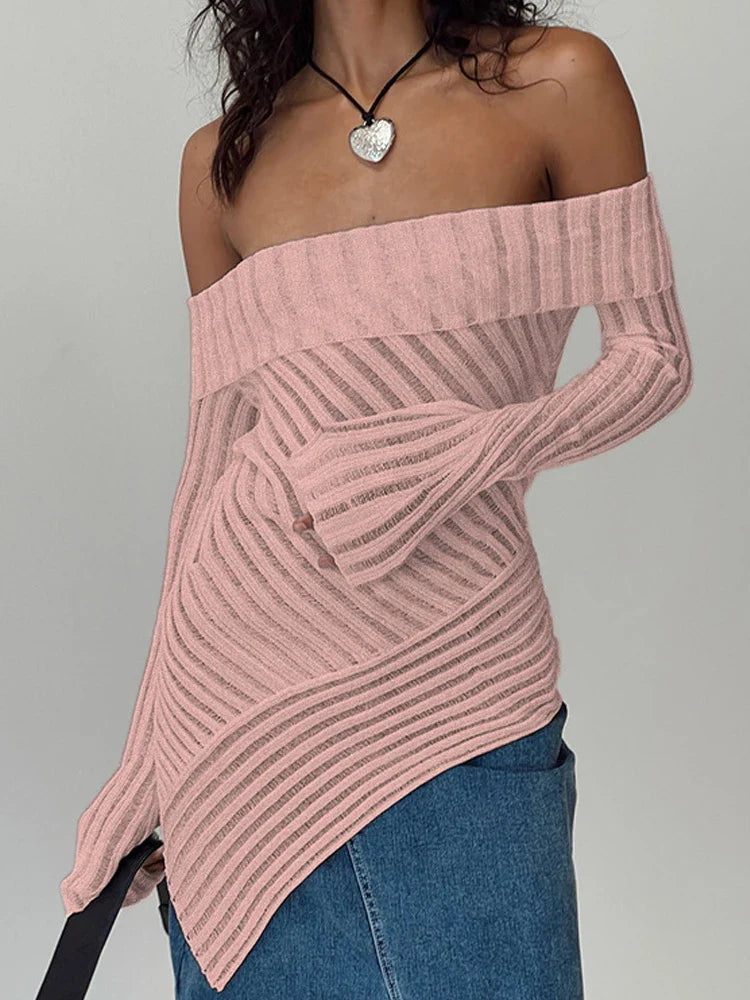qgtao Off Shoulder T-Shirt Women Summer Long Sleeve Tops Female Elegant Hollow Out Knitted Tee Ladies White Sexy Slash Neck
