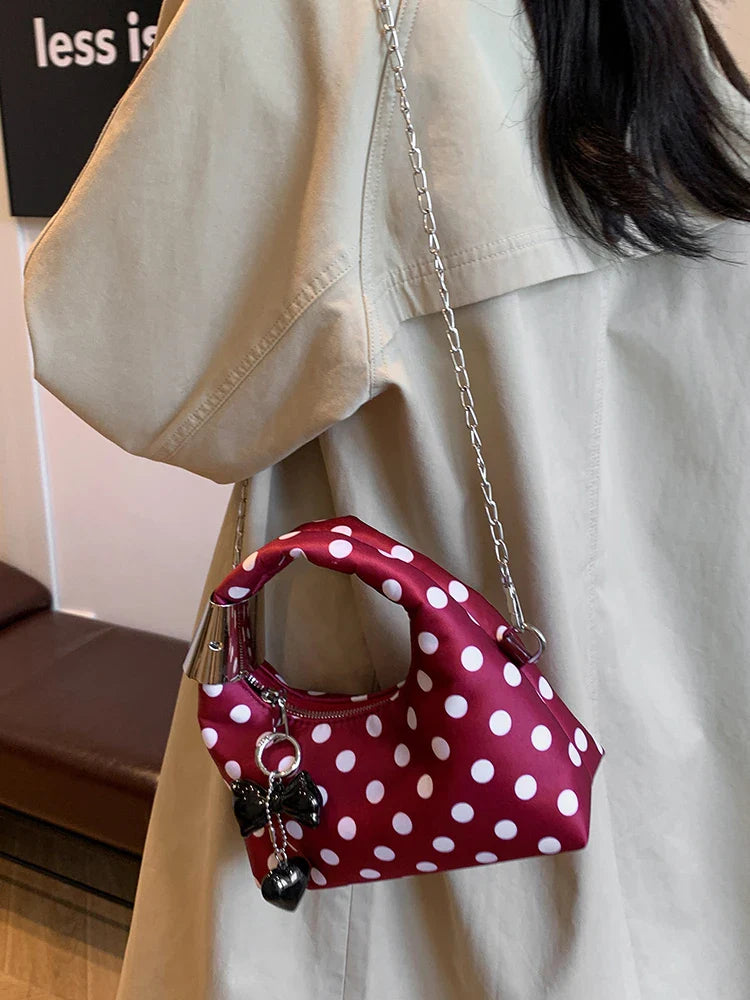 qgtao Women Fashion Round Dot Chain Crossbody Bag Autumn Winter New Bow Decor Handbag Female Nylon Zipper Style Design Shoulder Bag