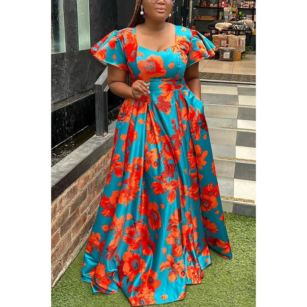 2024 qgtao summer Plus Size Vacation All Over Print Ruffle Sleeve With Pocket Maxi Dress