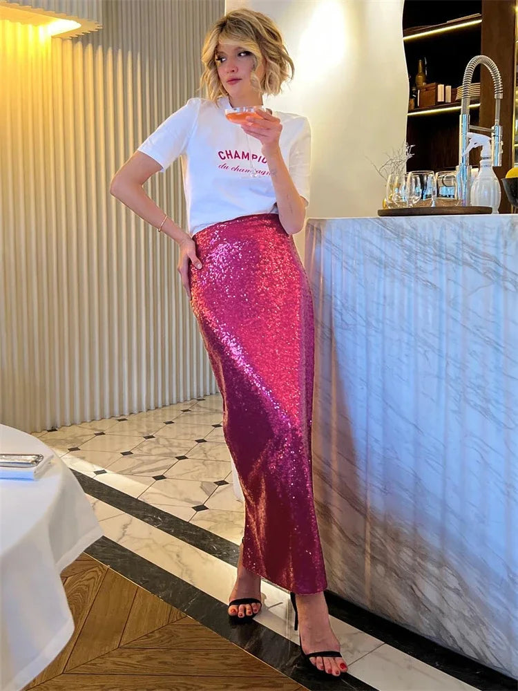 qgtao Sequin Female Sexy Maxi Skirt Summer Fashion Glitter High Waist Loose Elegant Club Long Skirt Sparkle Women Long Skirt New