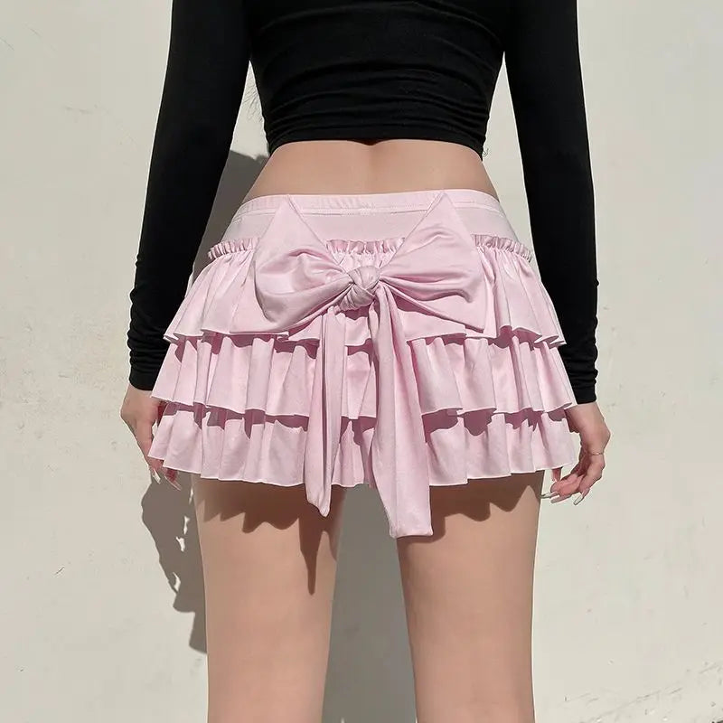 qgtao Coquette Pink Sexy Mini Skirt Women Ruffle Bow Sweet Kawaii Layered Short Skirt Lolita Pleated Solid Y2k Casual Skirts