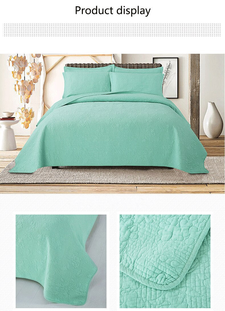 Yeknu Double Bed 100% Cotton Pure Green 3pcs Printed Quilted Quilt Pillowcase Free Shipping