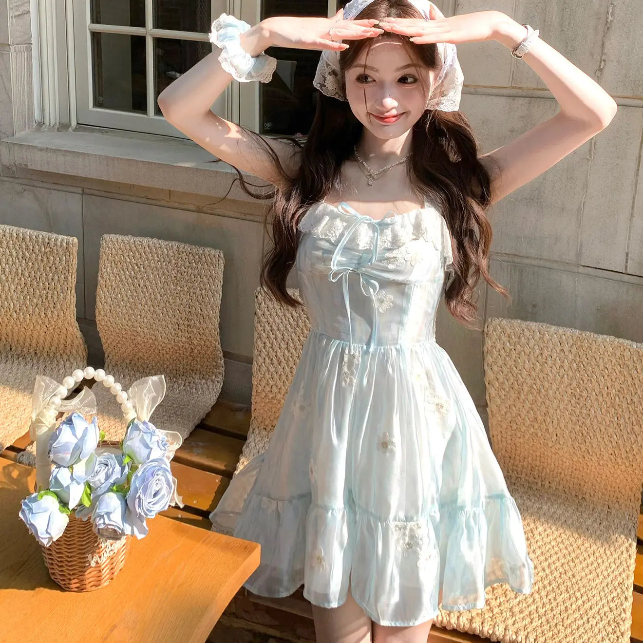 qgtao Autumn Sweet Fairy Mini Lace Dress Women Sexy Chic Embroidered Print Strap Dress Cute Casual Chiffon Beach Vacation Party Dress