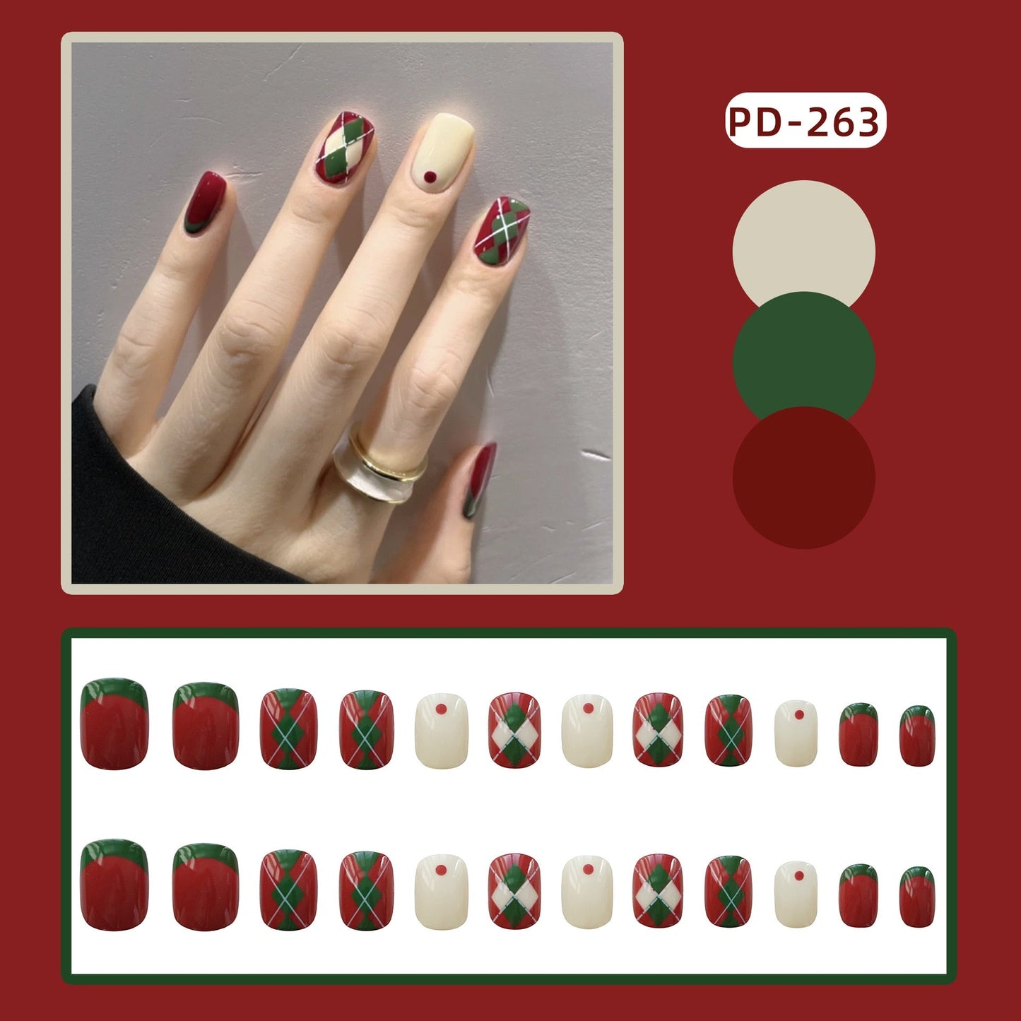 24pcs/box Christmas Fake Nails Style Art Nail Tips Press on False with Glue Designs Set Full Cover Artificial Short Fingernails