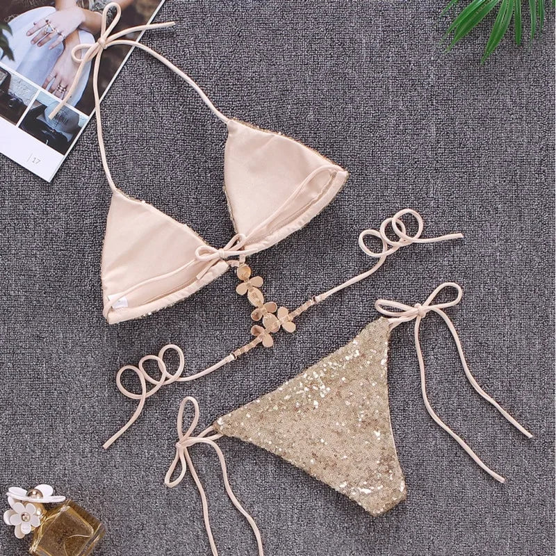 qgtao Shiny Sexy Bikinis Swimsuit With Rhinestones Women Swimwear Female Push Up Bikini Beach Swim Wear Bathing Suits Pool Bather 2024