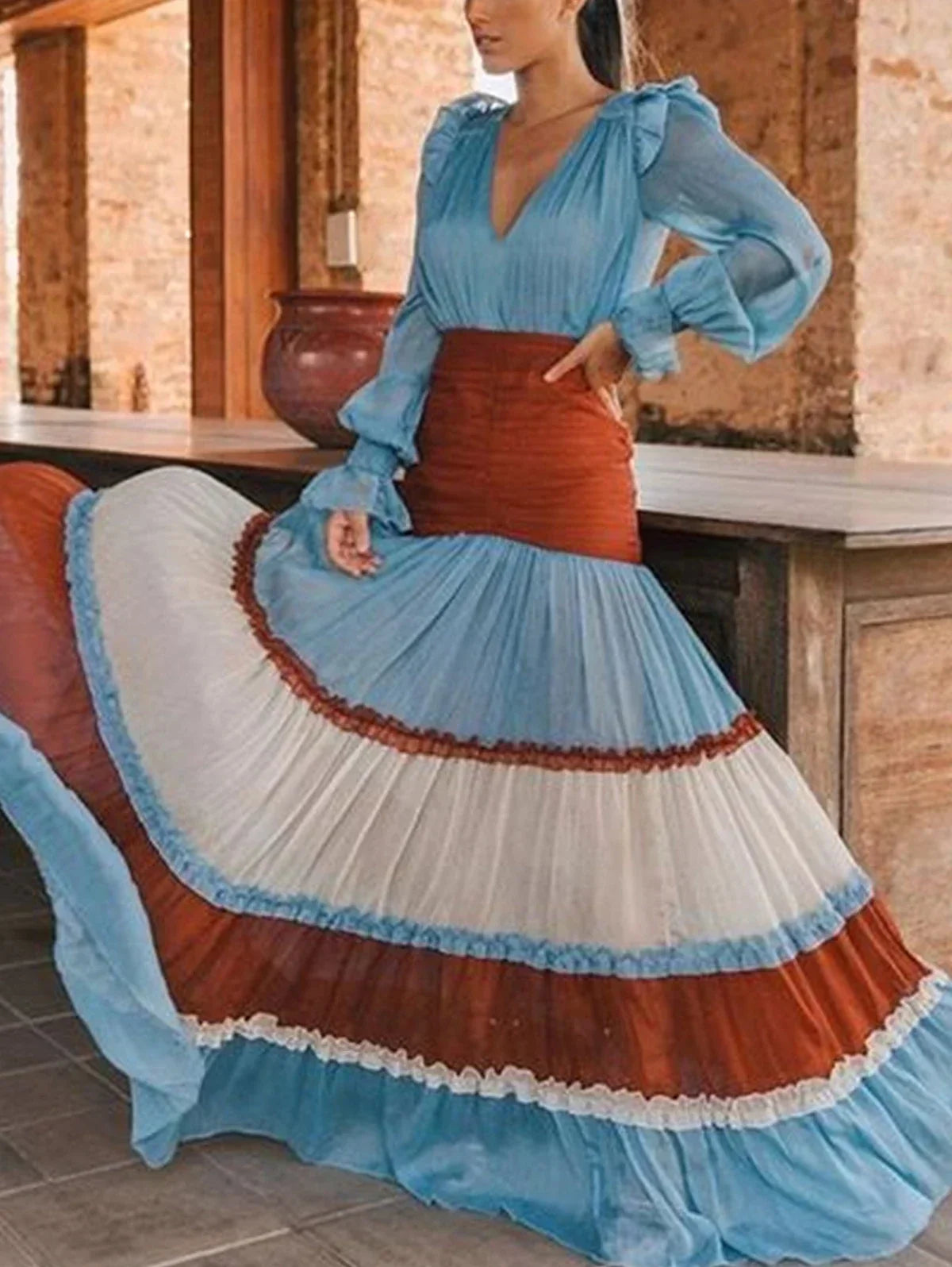 qgtao Elegant Long Dress Women Autumn Deep V Neck Long Sleeve Dress Female Colorblock Ruffle Tiered Maxi Dress Vestidos Femmes