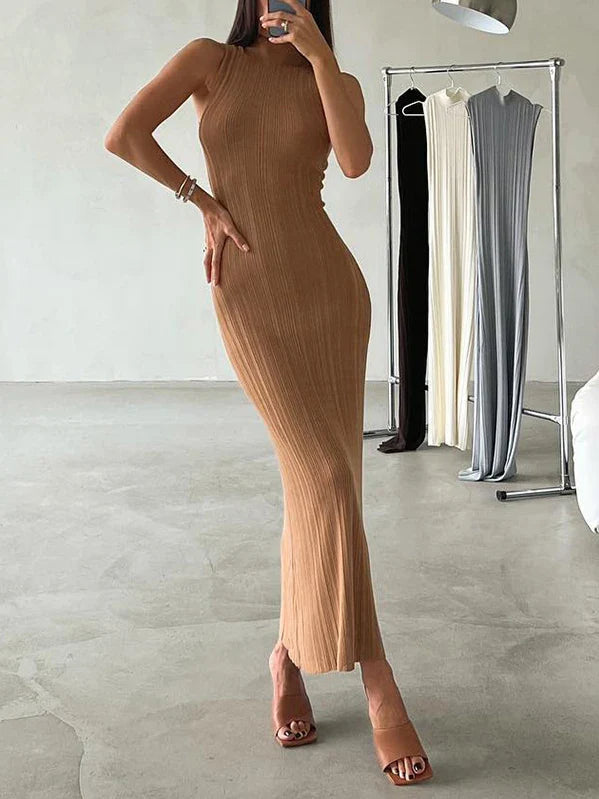 qgtao Sexy Women's Knitted Dress 2024 Spring Summer Maxi Turtleneck Sleeveless Sheath Long Dress Slim Party Bodycon Dresses for Women