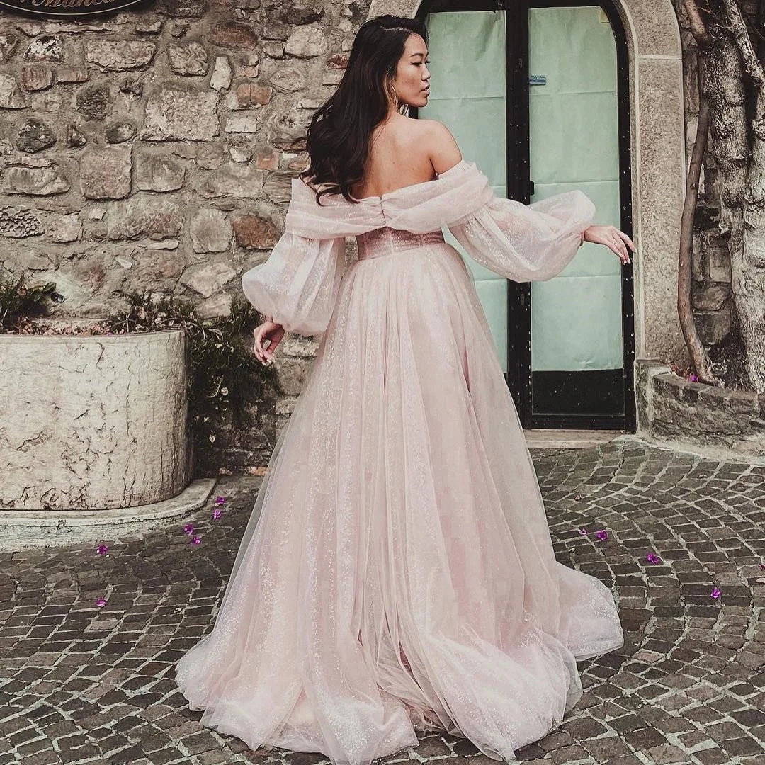 qgtao Pink Shiny Tulle Prom Dresses Off The Shoulder Long Puff Sleeve Evening Party Gowns Slit Women Arabia Wedding Dress