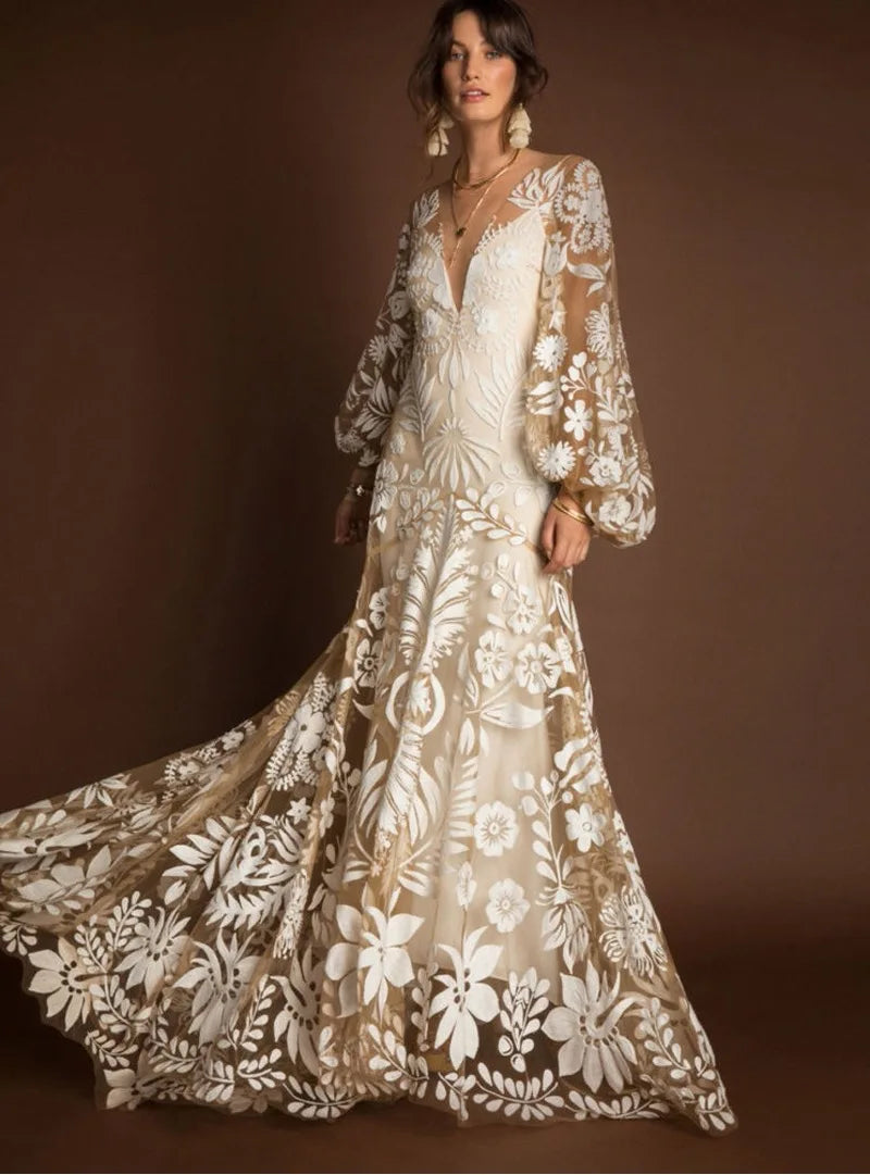 Bridal Luxury Evening Dresses Slim Fit Puff Sleeve V-Neck Long Sleeved Floor-Length New of Print Chiffon Dress Women