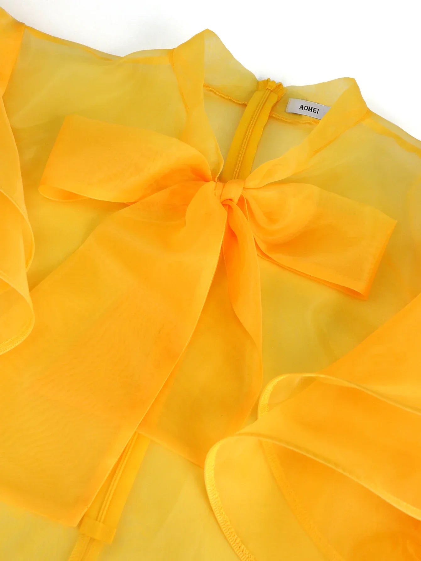qgtao Women's Tulle Tops and Blouses Yellow See Through Bowtie Ruffles Trim Top Shirt Elegant Lady Fashion Party Club Wear Plus Size