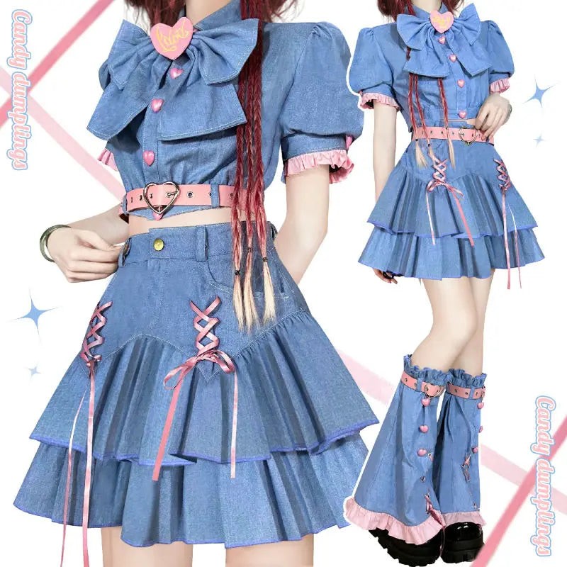 qgtao Y2K Set Sweetheart Spicy Girl dress skirt sets Women's 2024 Summer Bubble Sleeve Bowtie Campus Style 2 piece sets womens outfits