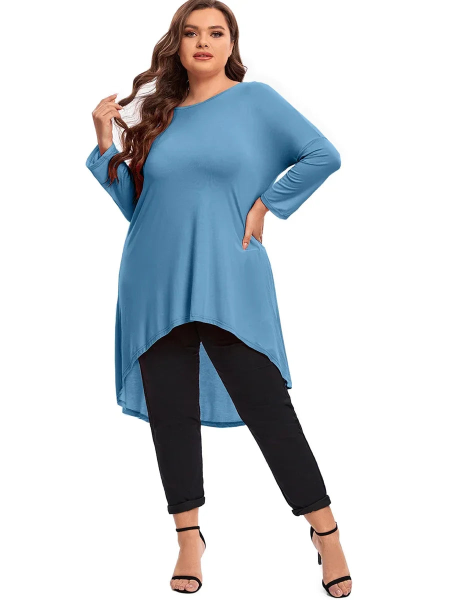 qgtao Plus Size Elegant Long Sleeve Spring Autumn Tunics Women Long Loose Fit Flare Basic Swing Blouse Tops Large Size Casual T Shirt