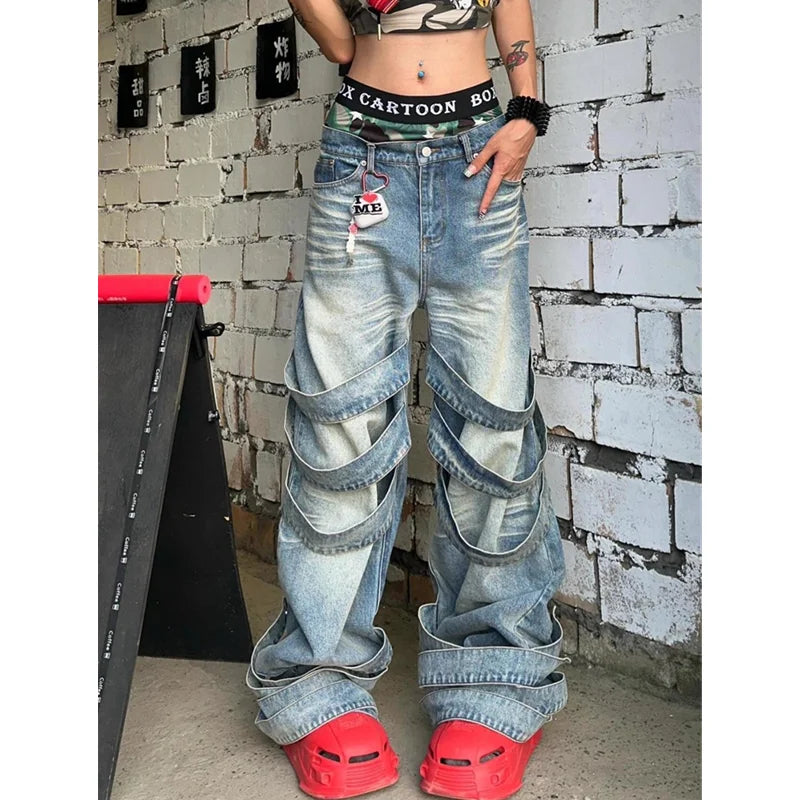 qgtao - High Waisted Blue Women's Jeans Fashion Streetwear Casual Vintage Baggy Straight 2024 Hip Hop Denim Trouser Mom Wide Leg Pants