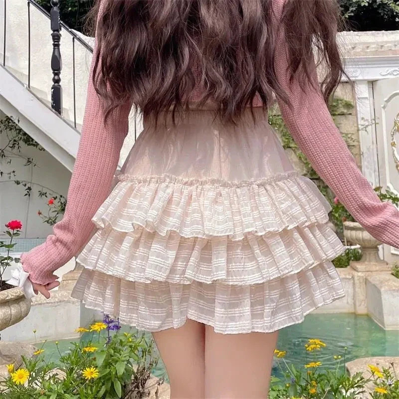 qgtao Kawaii Cute Ruffle Skirt Women Pink Lolita High Waist Lace Patchwork Fairycore Mesh A-line Mini Skirt Summer Mori Girl
