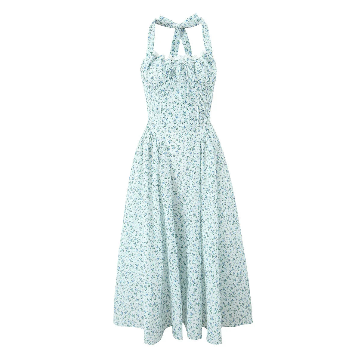 qgtao Lace Trim Floral Print Halter Dress For Women Sexy Backless Low Waist Midi Summer Dresses Holiday Party Robe