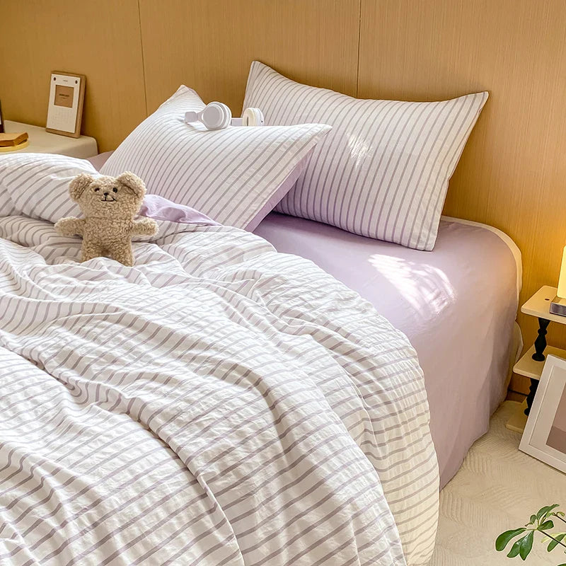 Yeknu Green Striped Duvet Cover Pillowcase and Solid Color Sheet INS Bedding Set Adult Girls Bedclothes Washed Cotton Bed Linens