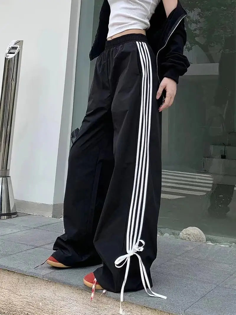 qgtao - Sports Stripe Baggy Pants Women Y2k Fashion Cutecore Bow Straight Wide Leg Sweatpants Streetwear Korean Causal Joggers