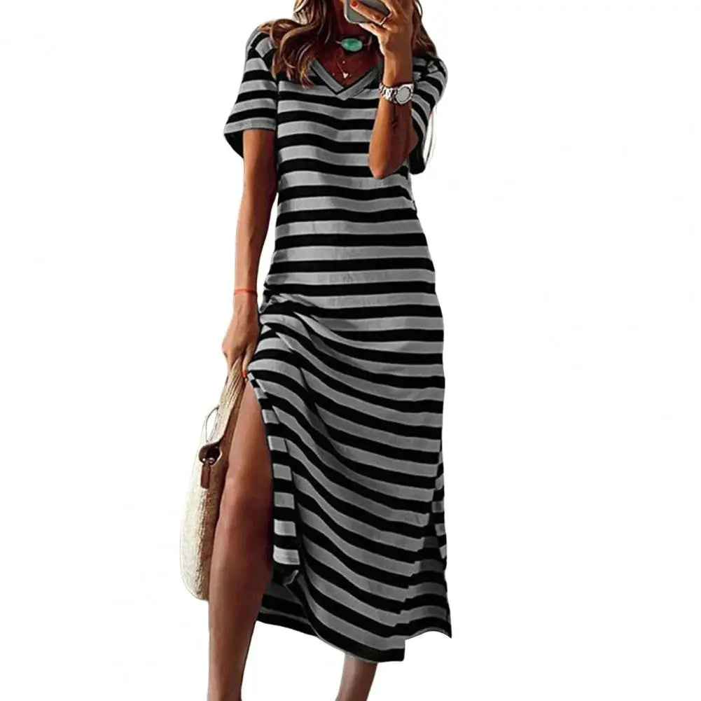 qgtao Summer Dresses 2024 Woman Plus Size Dresses For Women Casual Stripe Print V-neck Short Sleeve Loose Long Dress Robe Femme