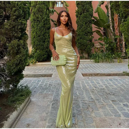 qgtao  Spring Summer Fashion Women Dresses Sequins Spaghetti Strap Sexy Sleeveless Backless Maxi Night Club Vestidos 2024