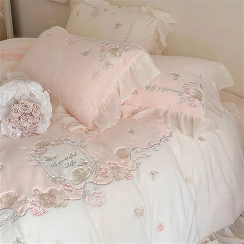 Yeknu French Romantic Bedding Set Luxury Flower Embroidery Princess Pink Ruffle Milk Velvet Quilt Duvet Cover Bed Sheet Set Bedclothes