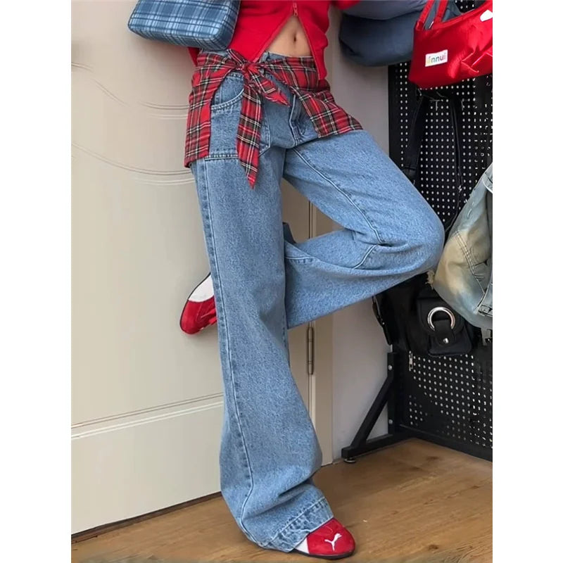 qgtao - Autumn Womens Blue Jeans High Waist Baggy Casual Vintage Y2K Design Sense Straight Pants Street American Wide Leg Denim Trouser