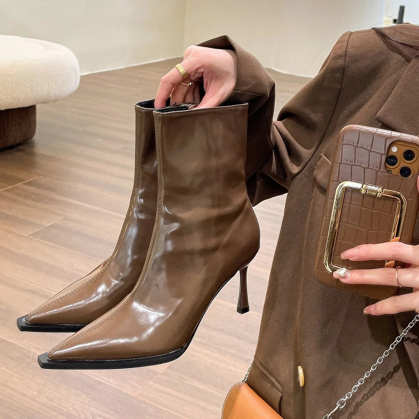 qgtao Women Thin High Heels Short Boots 2024 New Fashion Pointed Ankle Boots Ladies Autumn Winter Leather Side Zipper Sexy Party Pumps