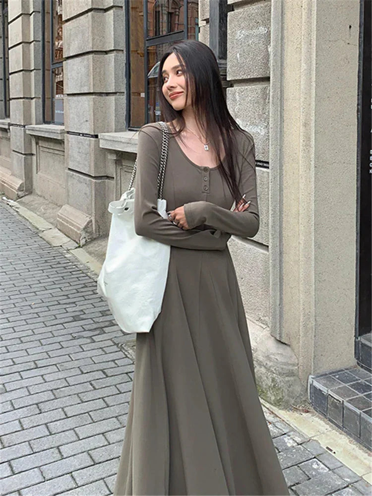 qgtao-Elegant Black Knitted Midi Dresses for Women Autumn and Winter Fashion Solid Sweet Cute Slim Chic Vintage Female Long Dress