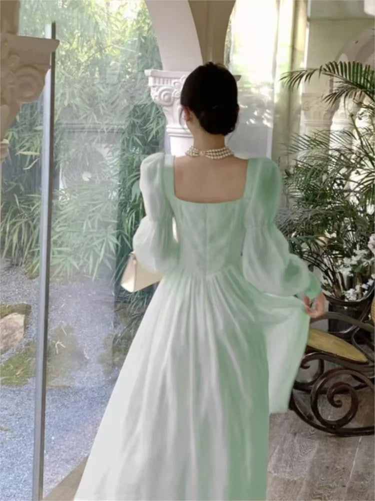 qgtao Autumn New Princess Midi Dresses for Women Square Collar Slim Waist Puff Sleeve Vintage Chic Female Clothing One Piece Vestido