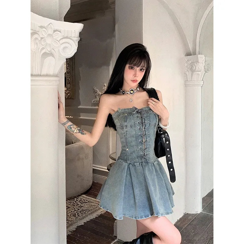 qgtao 2024 Summer Fashion Sexy Denim Bandage Pleated Mini Dress Women Party Dresses Vestidos Fiesta Mujer